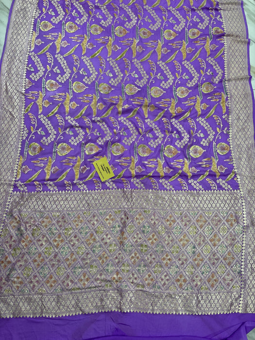 Spanish Lavender Khaddi Georgette Banarasi Handloom Saree - Hand Meenakari