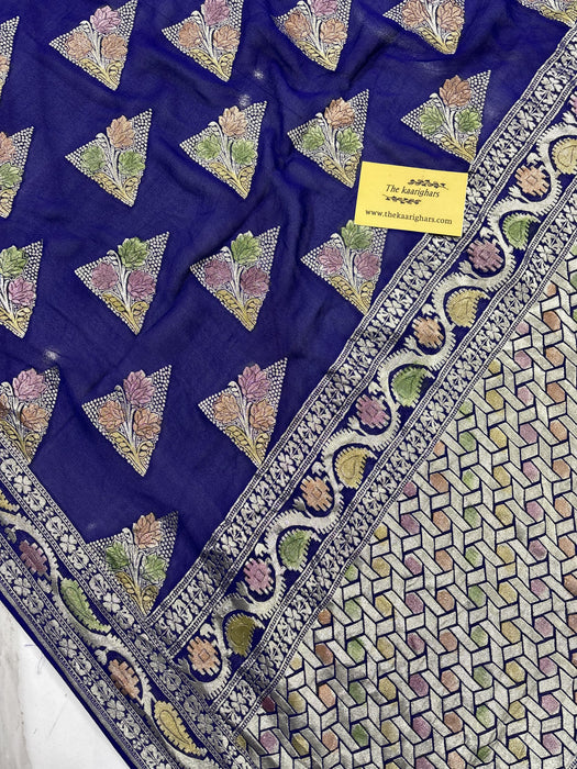 Spanish Navy Khaddi Georgette Banarasi Handloom Saree - Hand Meenakari