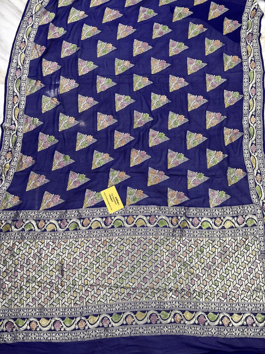 Spanish Navy Khaddi Georgette Banarasi Handloom Saree - Hand Meenakari