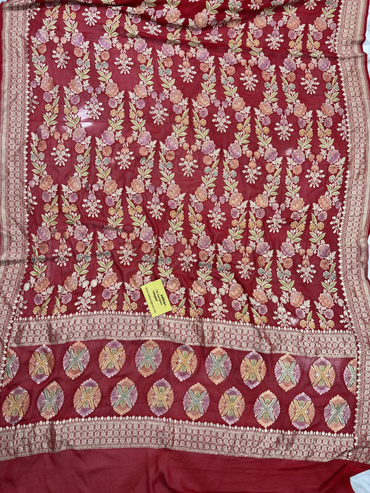 Red Khaddi Georgette Banarasi Handloom Saree - Hand Meenakari