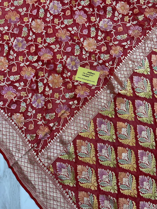 Red Khaddi Georgette Banarasi Handloom Saree - Hand Meenakari