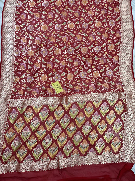 Red Khaddi Georgette Banarasi Handloom Saree - Hand Meenakari