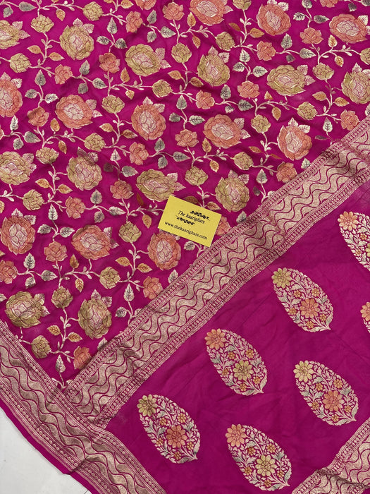 Rani Pure Khaddi Georgette Banarasi Saree - Hand Meenakari Work