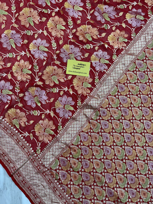 Red Khaddi Georgette Banarasi Handloom Saree - Hand Meenakari