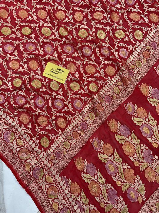 Red Khaddi Georgette Banarasi Handloom Saree - Hand Meenakari