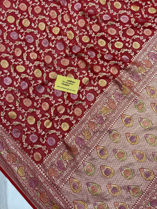 Red Khaddi Georgette Banarasi Handloom Saree - Hand Meenakari