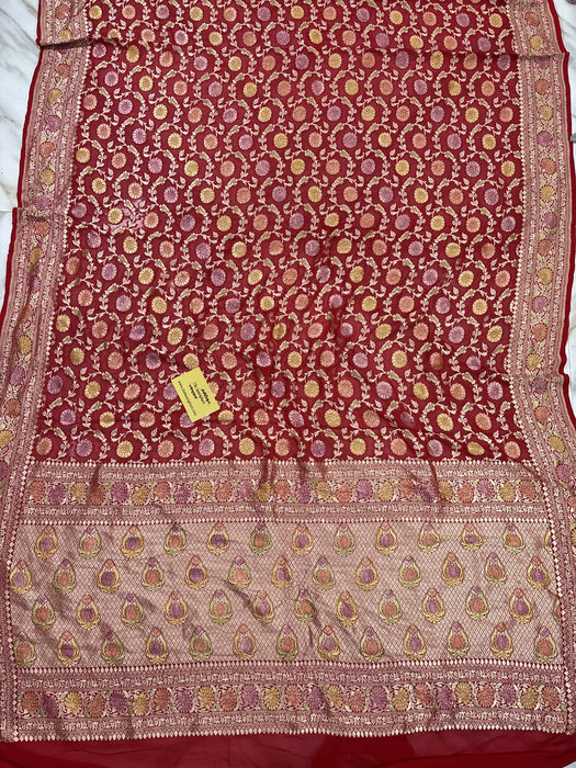 Red Khaddi Georgette Banarasi Handloom Saree - Hand Meenakari