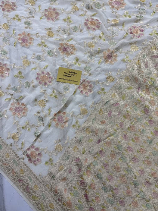White Khaddi Georgette Banarasi Handloom Saree - Hand Meenakari