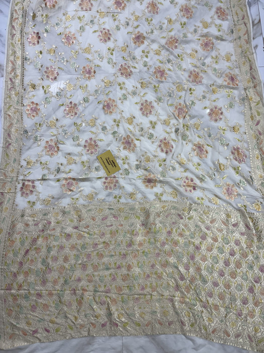 White Khaddi Georgette Banarasi Handloom Saree - Hand Meenakari