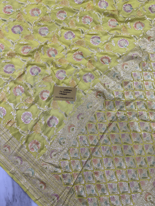 Persian Lemon Khaddi Georgette Banarasi Handloom Saree - Hand Meenakari