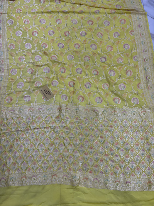 Persian Lemon Khaddi Georgette Banarasi Handloom Saree - Hand Meenakari