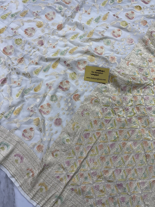 White Khaddi Georgette Banarasi Handloom Saree - Hand Meenakari