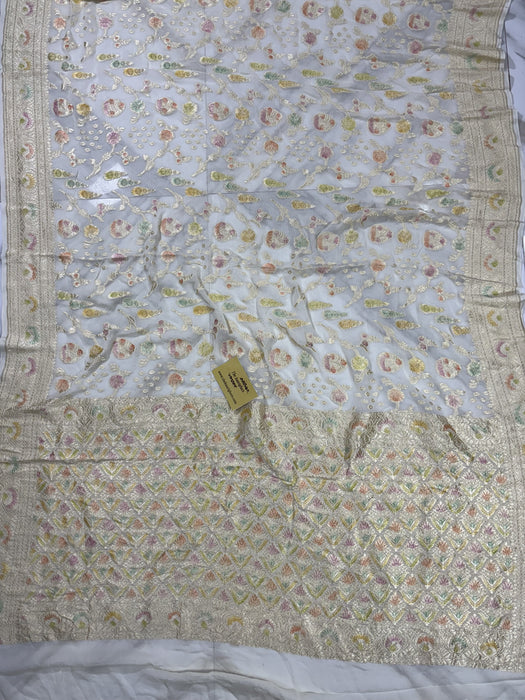 White Khaddi Georgette Banarasi Handloom Saree - Hand Meenakari