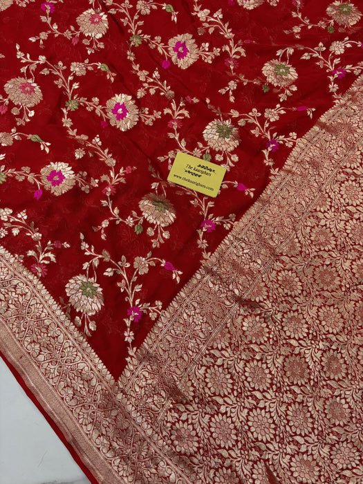 Red Khaddi Georgette Banarasi Handloom Saree - Meenakari