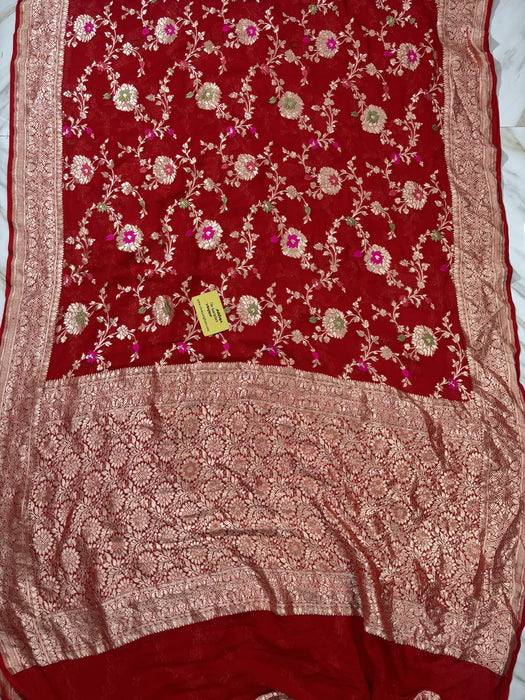 Red Khaddi Georgette Banarasi Handloom Saree - Meenakari