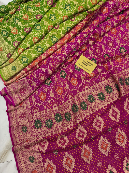 Handwoven Pure Georgette Bandhani Banarasi Saree - Six Shade Meenakari Work