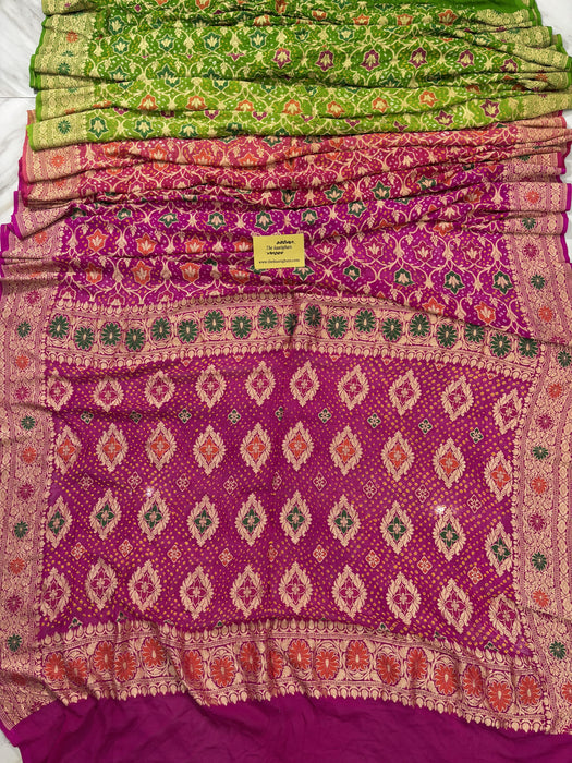 Handwoven Pure Georgette Bandhani Banarasi Saree - Six Shade Meenakari Work