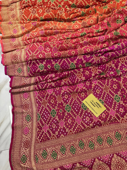 Handwoven Pure Georgette Bandhani Banarasi Saree - Six Shade Meenakari Work