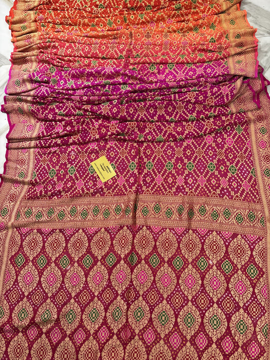 Handwoven Pure Georgette Bandhani Banarasi Saree - Six Shade Meenakari Work