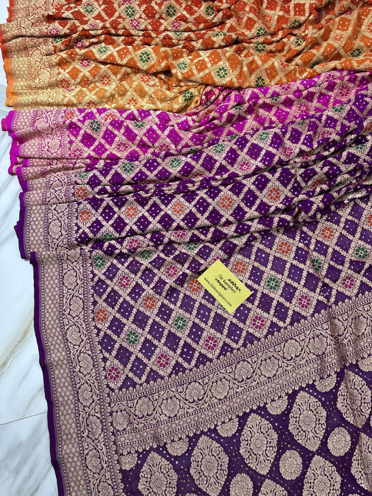 Handwoven Pure Georgette Bandhani Banarasi Saree - Six Shade Meenakari Work
