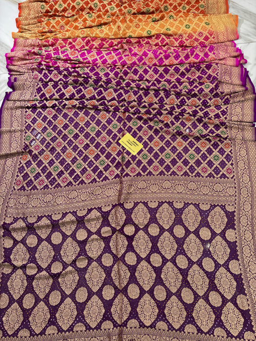 Handwoven Pure Georgette Bandhani Banarasi Saree - Six Shade Meenakari Work
