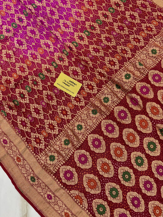 Handwoven Pure Georgette Bandhani Banarasi Saree - Meenakari Work