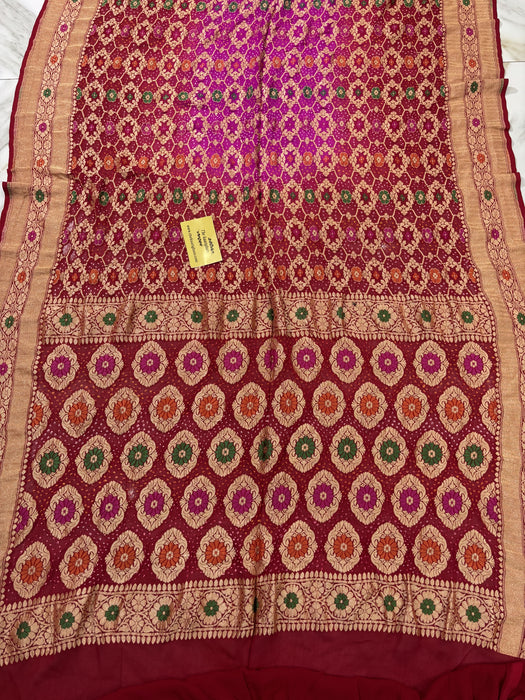 Handwoven Pure Georgette Bandhani Banarasi Saree - Meenakari Work