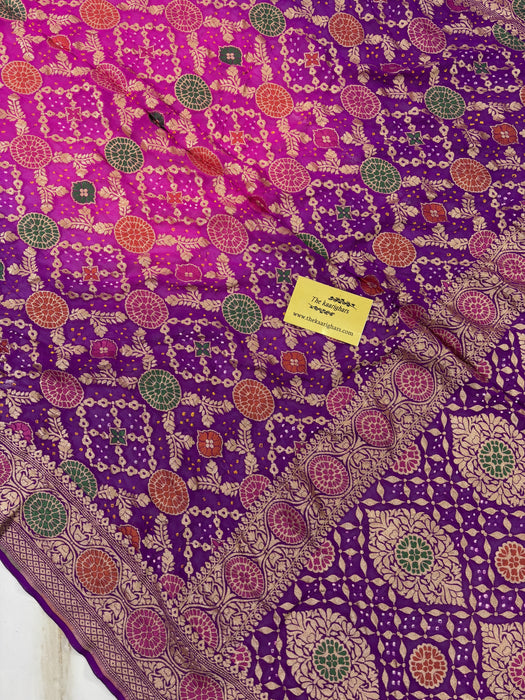 Handwoven Pure Georgette Bandhani Banarasi Saree - Meenakari Work