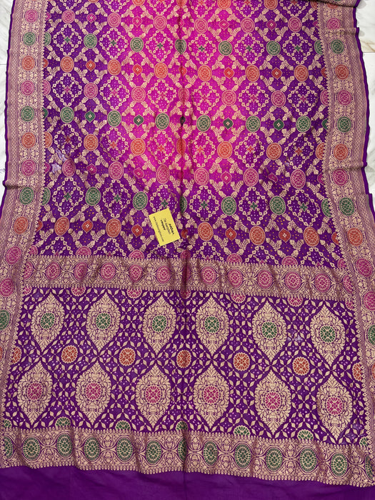 Handwoven Pure Georgette Bandhani Banarasi Saree - Meenakari Work