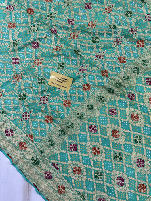 Handwoven Pista Pure Georgette Bandhani Banarasi Saree - Meenakari Work