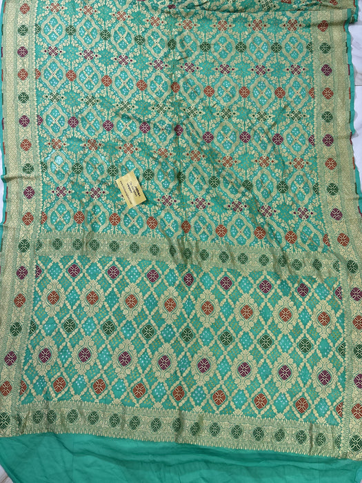 Handwoven Pista Pure Georgette Bandhani Banarasi Saree - Meenakari Work