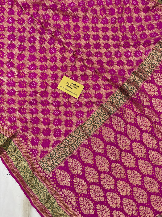 Handwoven Pure Georgette Bandhani Banarasi Saree - Patta Work