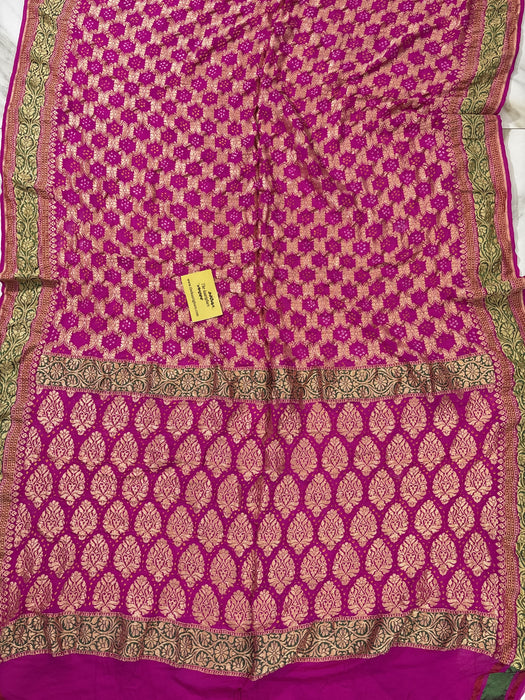 Handwoven Pure Georgette Bandhani Banarasi Saree - Patta Work