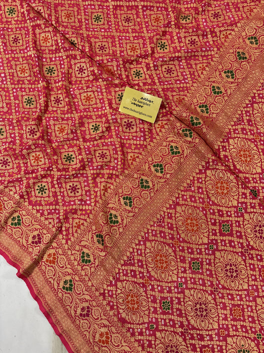 Handwoven Pure Georgette Bandhani Banarasi Saree - Meenakari Work