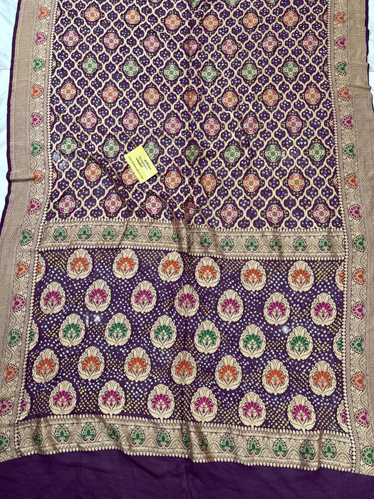 Handwoven Pure Georgette Bandhani Banarasi Saree - Meenakari Work