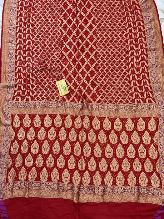 Handwoven Pure Georgette Bandhani Banarasi Saree - Patta Work