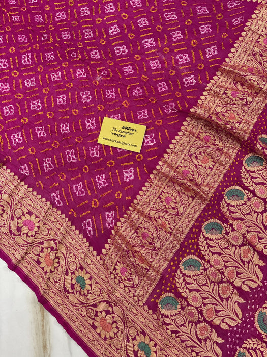 Handwoven Rani Pure Georgette Bandhani Banarasi Saree - Meenakari Work