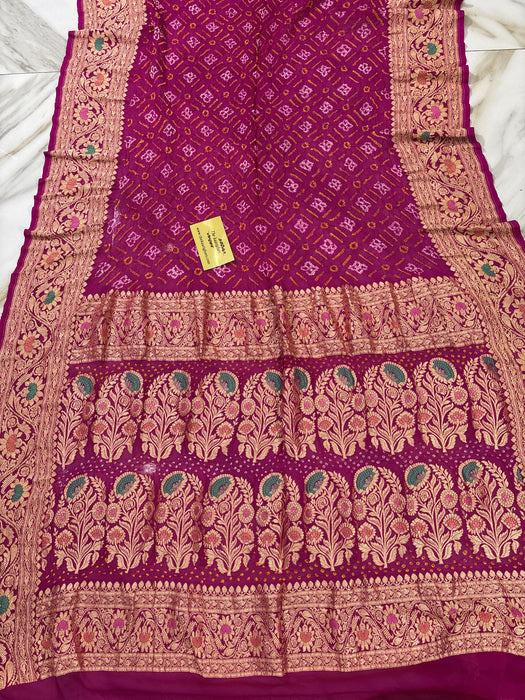 Handwoven Rani Pure Georgette Bandhani Banarasi Saree - Meenakari Work
