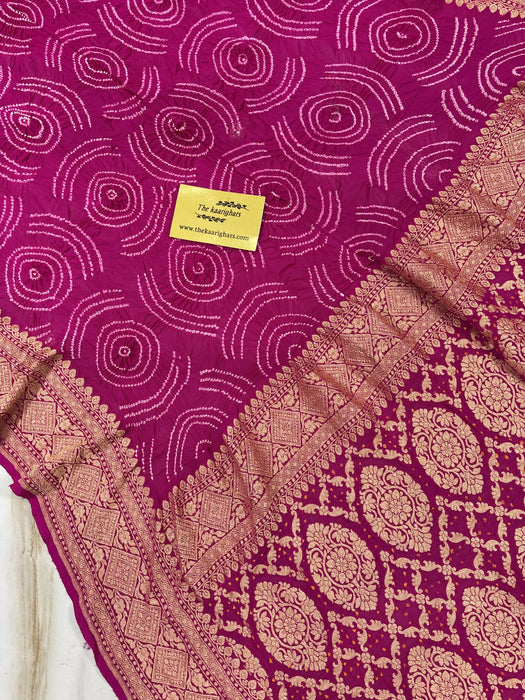 Handwoven Rani Pure Georgette Bandhani Banarasi Saree - All over Bandhani Work