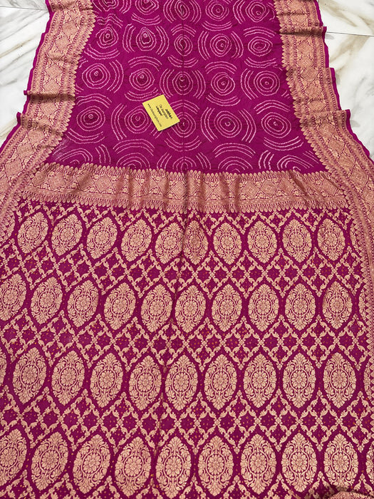 Handwoven Rani Pure Georgette Bandhani Banarasi Saree - All over Bandhani Work