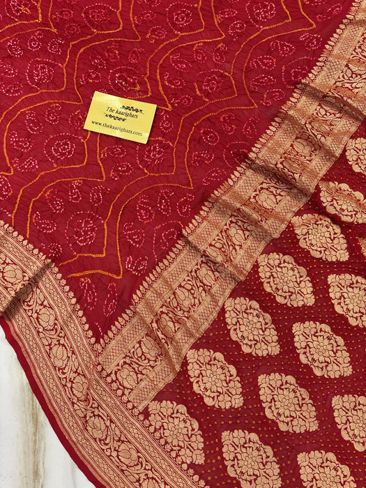 Handwoven Red Pure Georgette Bandhani Banarasi Saree - All over Bandhani Work