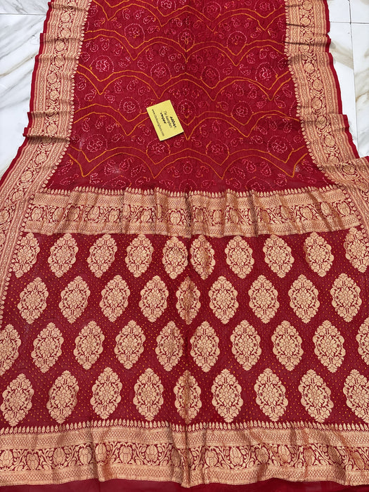 Handwoven Red Pure Georgette Bandhani Banarasi Saree - All over Bandhani Work