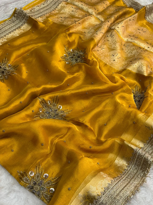 Gold Pure Banarasi Tissue Handloom Saree - Handwork