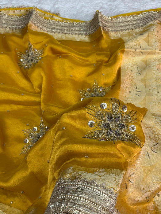 Gold Pure Banarasi Tissue Handloom Saree - Handwork