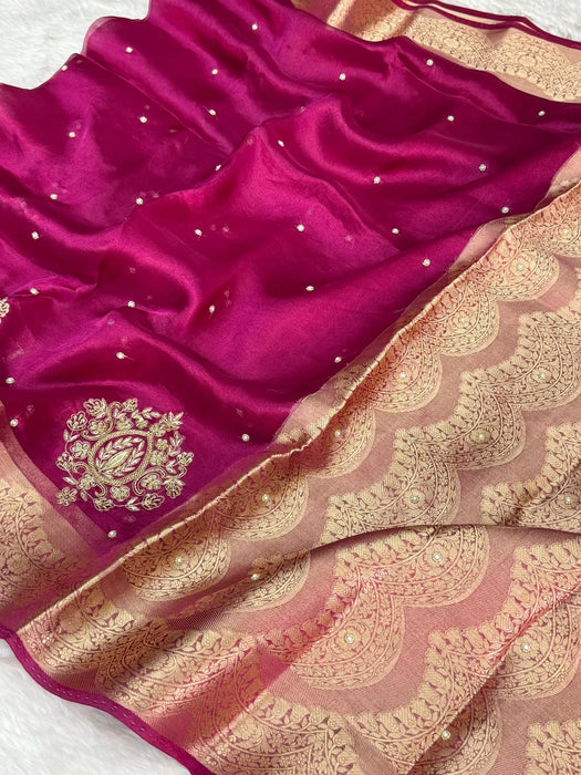 Rani Pure Banarasi Tissue Handloom Saree - Handwork