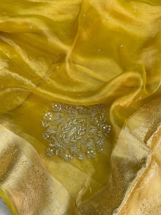 Gold Pure Banarasi Tissue Handloom Saree - Handwork