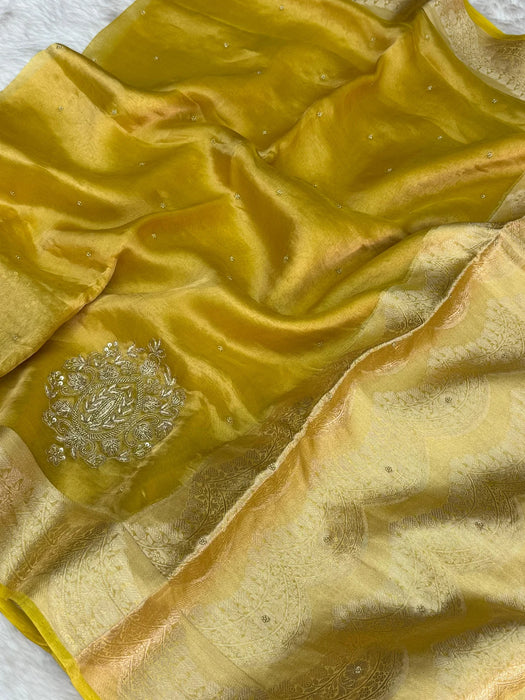 Gold Pure Banarasi Tissue Handloom Saree - Handwork