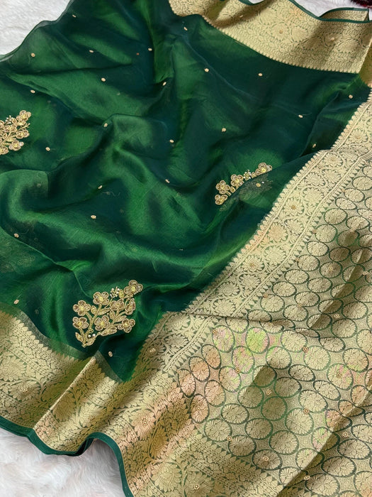 Emerald Green Pure Banarasi Tissue Handloom Saree - Handwork