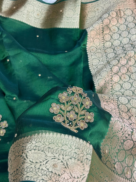 Emerald Green Pure Banarasi Tissue Handloom Saree - Handwork