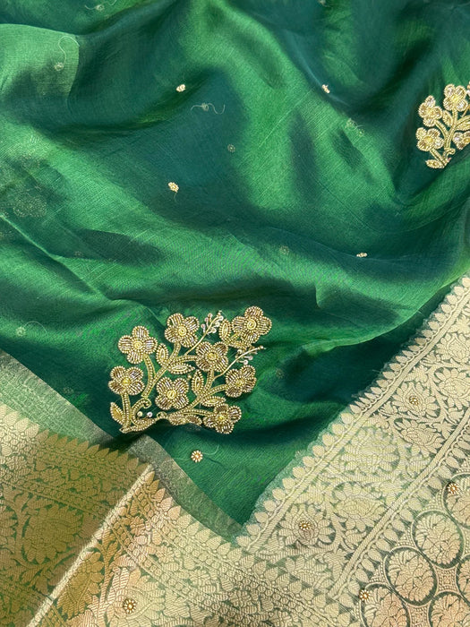 Emerald Green Pure Banarasi Tissue Handloom Saree - Handwork